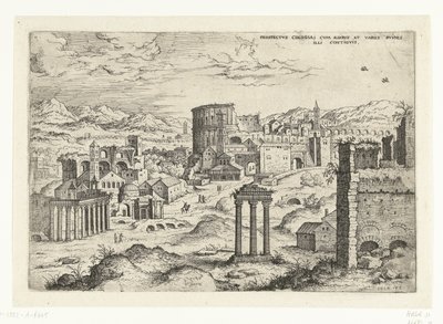 Gezicht en el Foro Romano La vista del Coliseo con ædibvs y varios vininis contiguos (título sobre objeto) Romeinse ruïnes (título de la serie) de Hieronymus Cock