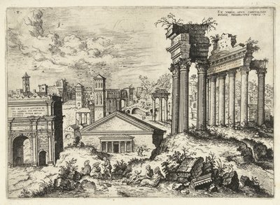 Vista del Foro Romano desde el Capitolio Ex variis, apvd capitolvm rvinis (...) (título sobre objeto) Ruinas romanas (título de la serie) de Hieronymus Cock