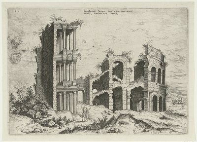 Vista del Septizonium y el Coliseo en Roma Septizonii Severi Imp (...) (título sobre el objeto) Ruinas romanas (título de la serie) de Hieronymus Cock
