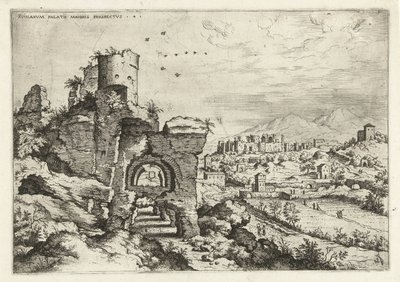 Vista del Monte Palatino sobre las Termas de Caracalla Rvinarvm palatii maioris prospects 4 (título sobre el objeto) Ruinas romanas (título de la serie) de Hieronymus Cock