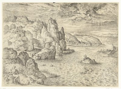 Héroe y Leander Paisajes con escenas bíblicas y mitológicas (título de serie) de Hieronymus Cock