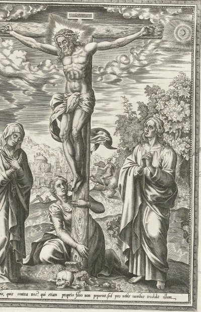 Crucifixión con María, Juan el Bautista y María Magdalena de Hieronymus Cock