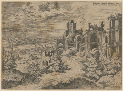 Ruinas del Palatino con vista panorámica del paisaje, lámina 3 de la serie «Praecipua aliquot Romanae Antiquitatis Ruinarum Monimenta [...]» de Hieronymus Cock