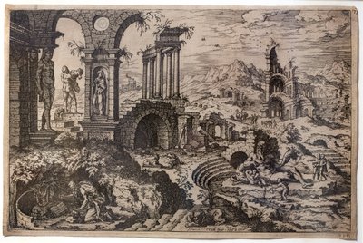 Paisaje de ruinas con el santo Jerónimo penitente de Hieronymus Cock