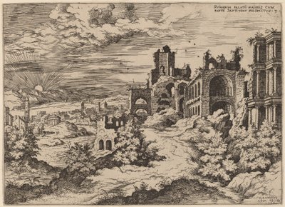 Ruinas en el Palatino con un paisaje panorámico de Hieronymus Cock