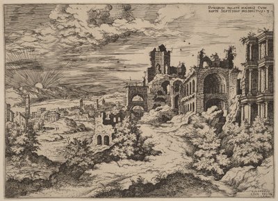 Ruinas en el Palatino con un paisaje panorámico de Hieronymus Cock