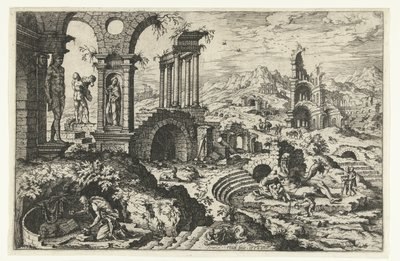 Ruina paisaje con el penitente Hieronymus de Hieronymus Cock