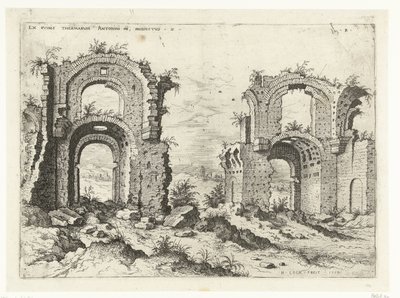 Segunda vista de las Termas de Diocleciano Ex Rvinis Thermarvm Antonini Pii (...) (título sobre el objeto) Ruinas romanas (título de la serie) de Hieronymus Cock