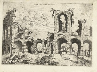 Segunda vista del Coliseo de Roma Collossæi ro alivs prospectvs (título sobre el objeto) Ruinas romanas (título de la serie) de Hieronymus Cock