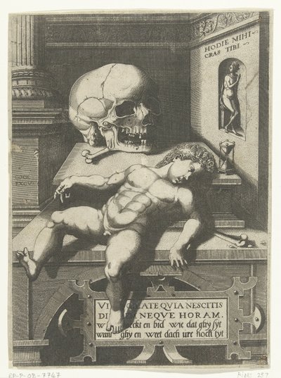 Actuación de vanitas con niño y calavera (Hodi mihi kras tibi / Hoy yo, mañana tú) de Hieronymus Cock