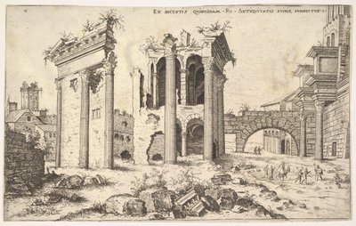 Vista de ruinas no identificadas con fachada trabada a la izquierda, arcadas en el centro y arco, 1551 de Hieronymus Cock