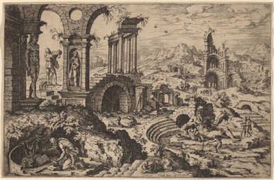 San Jerónimo en un Paisaje con Ruinas de Hieronymus Cock after Maerten van Heemskerck