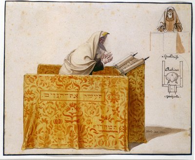 Acuarela, pluma, 27 x 33 cm. Rabino en una sinagoga, dibujo de Hieronymus Hess (1799 - 1850), proyecto para figurilla. (JM 1190) Museo Judío de Basilea, Suiza. de Hieronymus Hess