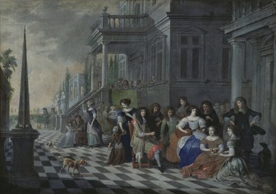 Personajes haciendo música frente a un palacio, 1672 de Hieronymus Janssens