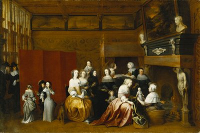 Damas celebrando el nacimiento de un niño, y caballeros observando desde detrás de una pantalla, en un interior de Hieronymus Janssens
