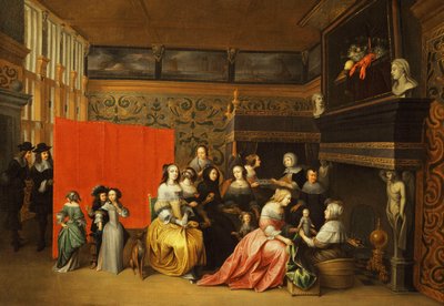Damas celebrando el nacimiento de un niño en un elegante boudoir de Hieronymus Janssens