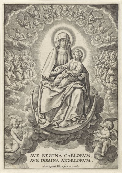 María con el Niño Jesús en la Luna Creciente Ave Regina Caelorum, Ave Domina Angelorvm (título sobre objeto) de Hieronymus Wierix