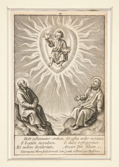El niño con el corazón en llamas entre Ignacio de Loyola y Francisco Javier de Hieronymus Wierix