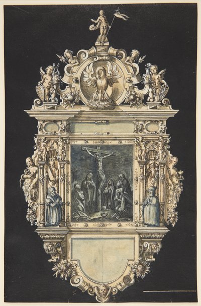 Boceto para un epitafio con la crucifixión de Cristo. Un marco ricamente ornamentado con numerosas figuras de Hieronymus Wierix