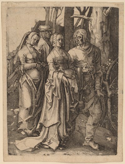 Las dos parejas en el bosque de Hieronymus Wierix after Lucas van Leyden