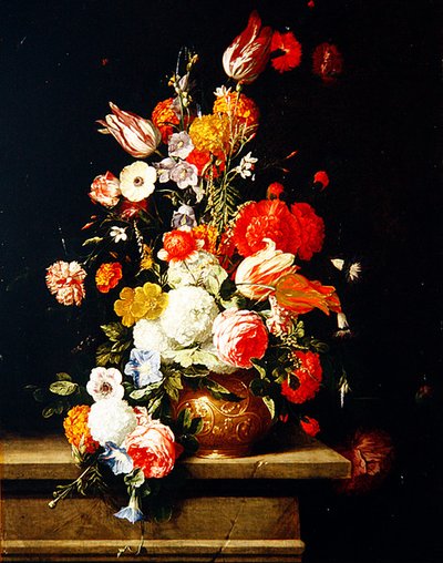Rosas, peonías, tulipanes e hidrangeas en una urna de bronce decorativa de Hieronymus the Elder Galle