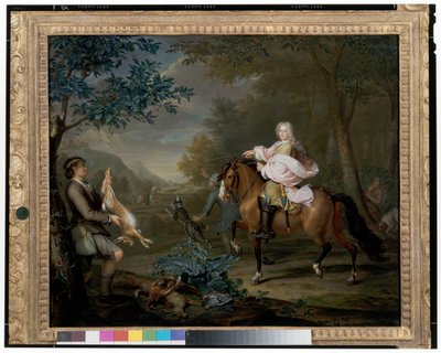 Un caballero a caballo con cazadores en un extenso paisaje de Hieronymus van der Mij