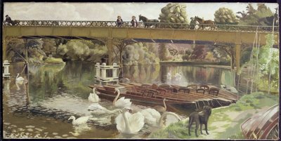 Swans, Cookham Bridge (óleo sobre lienzo) de Hilda Carline