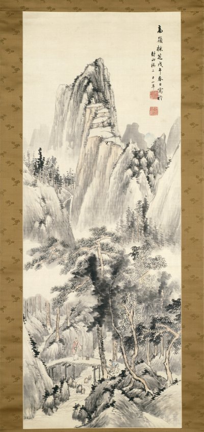 Gathering Fungus In Lofty Mountains (tinta y colores claros sobre seda) de Hine Taizan