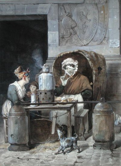 Vendedor de café en la esquina de Porte Saint-Denis, 1830 de Hippolyte Adam