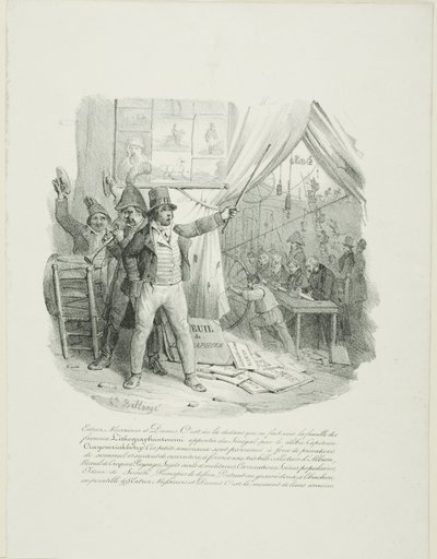 Pasen, Señoras y Señores, Dentro verán a la Famosa Familia Lithographantoccini...Frontispiece para el "Album de 1824" de Hippolyte Bellange