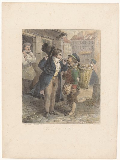 Caballero bien vestido enciende su cigarro de la pipa de un trabajador en harapos Les extrêmes se touchent (título sobre objeto) Bocetos litográficos (título de la serie) Croquis lithographiques (título de serie sobre objeto) de Hippolyte Bellange