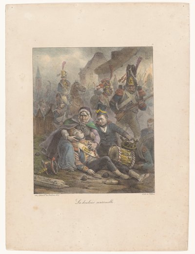 Madre llora a su hijo herido de muerte en el campo de batalla La douleur maternelle (título sobre objeto) Bocetos litográficos (título de la serie) Croquis lithographiques (título de la serie) de Hippolyte Bellange