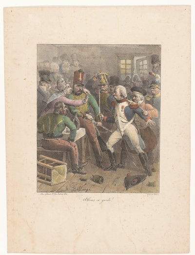 Dos soldados cruzan espadas en un pub. Allons en guardia! (título en el objeto) Bocetos litográficos (título de la serie) Croquis lithographiques (título de la serie) de Hippolyte Bellange