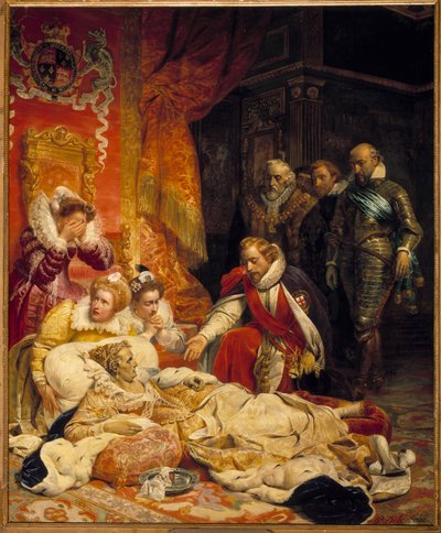 La muerte de Isabel I, Reina de Inglaterra en 1603. La reina Isabel murió de depresión y enfermedad el 24/03/1603, rodeada de sus cortesanos. Pintura de Paul Delaroche de Hippolyte Delaroche