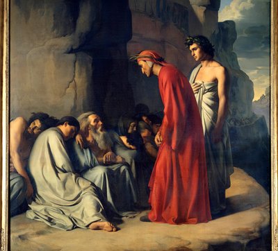Dante y Virgilio en el Infierno o Dante guiado por Virgilio ofrece consuelo a las almas de los envidiosos. Ilustración del Infierno de la Divina Comedia de Dante Alighieri de Hippolyte Flandrin