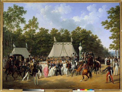 El rey Luis XVIII recibiendo a Marie Caroline Fernande Louise de Nápoles, futura duquesa de Berry, en el bosque de Fontainebleau, en la cruz de Saint-Herem de Hippolyte Lecomte
