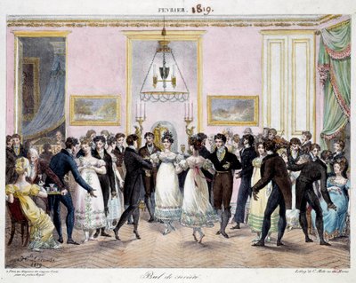 Baile de sociedad en París en la tienda de lápices Conte, plaza del palacio real en febrero de 1819 de Hippolyte Lecomte