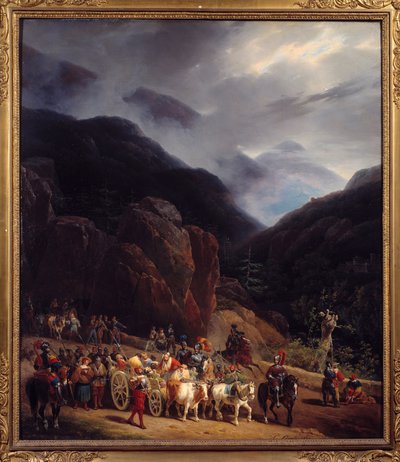 El regreso de la batalla de Marignan Armees de Francois I regresando de Marignan (Maregnano) el 14/09/1515. Pintura de Hippolyte Lecomte (1781-1857) 1829 Sol. 0,54x0,65 m Bourg En Bresse. Museo de Brou de Hippolyte Lecomte