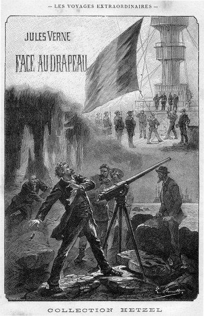 Ilustración del libro "Frente a la bandera" de Jules Verne, frontispicio edición Hetzel - Los viajes extraordinarios 1896 (grabado) de Hippolyte Leon Benett