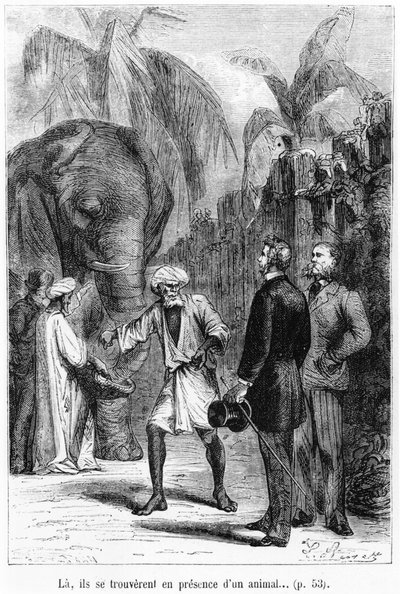 Phileas Fogg frente a un elefante, ilustración de 