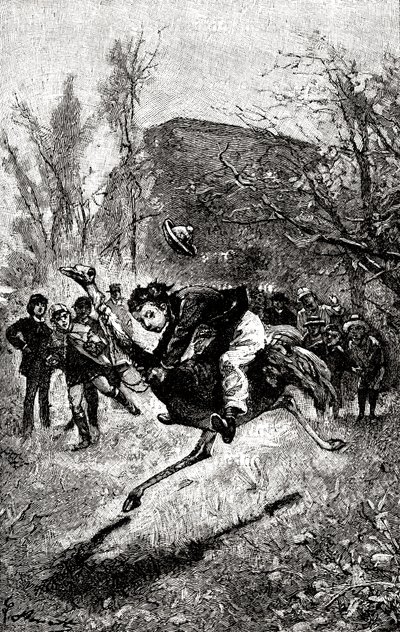 El joven Servicio montando un avestruz. Grabado de Hippolyte Leon Benett
