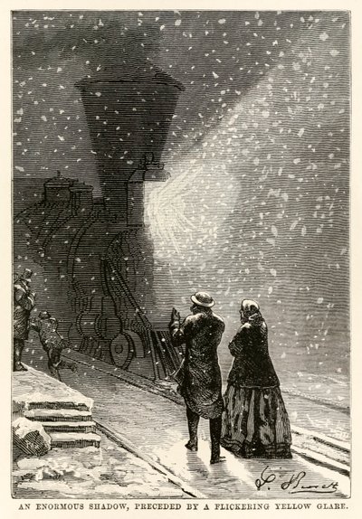 Una sombra enorme, precedida por un resplandor amarillo parpadeante, de La vuelta al mundo en ochenta días de Julio Verne (1828-1905) grabado por Adolphe François Pannemaker (1822-1900), 1873 de Hippolyte Leon after Benett