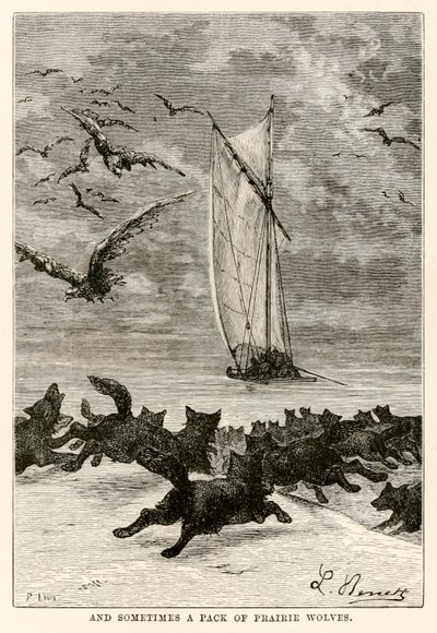 Y a veces una manada de lobos de la pradera, de La vuelta al mundo en ochenta días de Julio Verne (1828-1905) grabado por Louis, 1873 de Hippolyte Leon after Benett