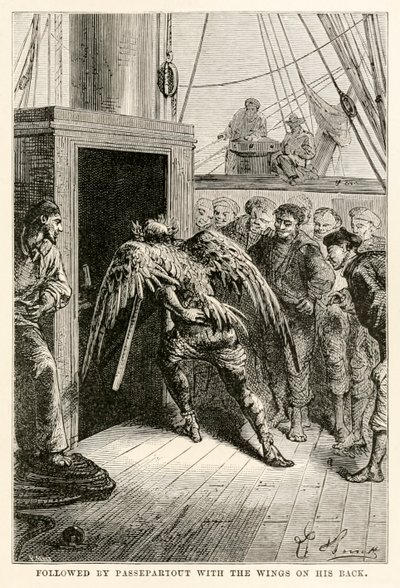 Seguido por Passepartout con las alas en la espalda, de La vuelta al mundo en ochenta días de Julio Verne (1828-1905), grabado por Adolphe François Pannemaker (1822-1900), 1873 de Hippolyte Leon after Benett