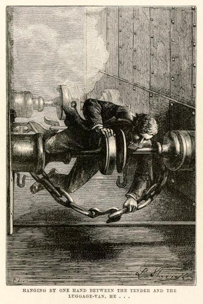 Colgado con una mano entre el ténder y el vagón de equipajes, él... de La vuelta al mundo en ochenta días de Julio Verne (1828-1905) grabado por Louis, 1873 de Hippolyte Leon after Benett