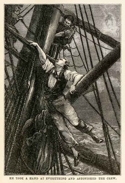 Él se ocupaba de todo y asombraba a la tripulación, de La vuelta al mundo en ochenta días de Julio Verne (1828-1905) grabado por Henri-Théophile Hildebrand (1824-97), 1873 de Hippolyte Leon after Benett