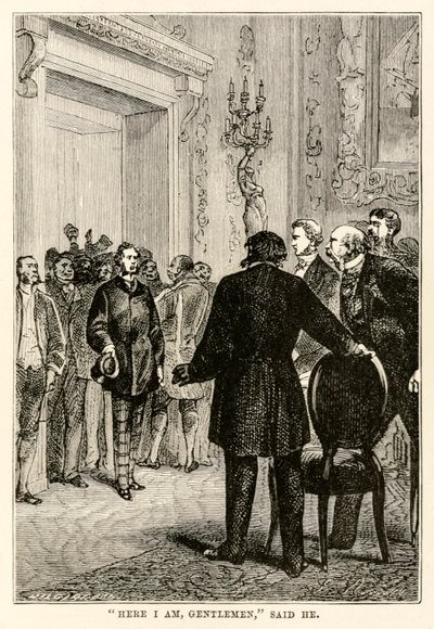 Aquí estoy señores, dijo él, de La vuelta al mundo en ochenta días de Julio Verne (1828-1905) grabado por Henri-Théophile Hildebrand (1824-97), 1873 de Hippolyte Leon after Benett