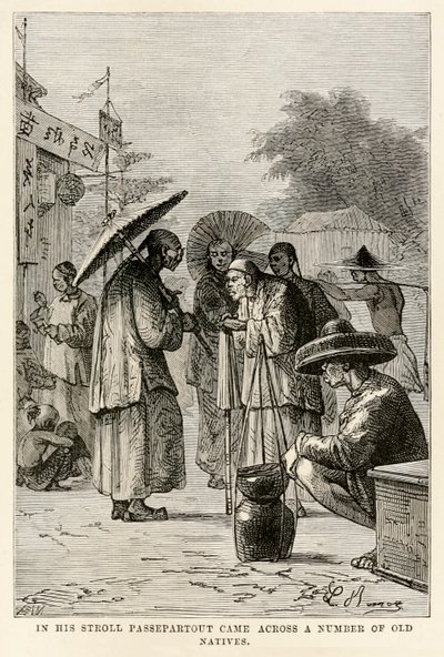 En su paseo Passepartout se encontró con varios viejos nativos, de La vuelta al mundo en ochenta días de Julio Verne (1828-1905), grabado por Adolphe François Pannemaker (1822-1900), 1873 de Hippolyte Leon after Benett