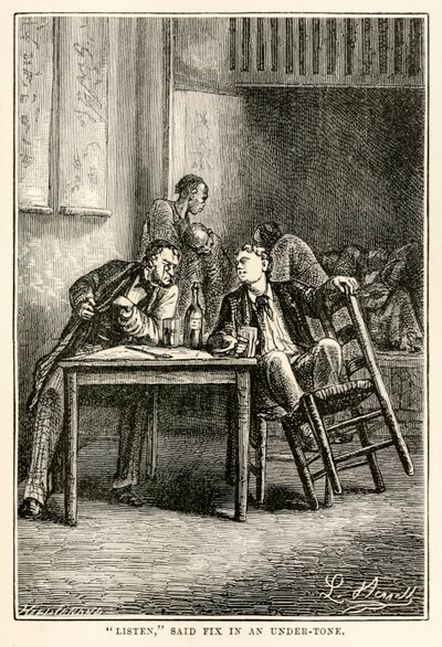 Escucha, dijo Fix en un tono bajo, de La vuelta al mundo en ochenta días de Julio Verne (1828-1905) grabado por Henri-Théophile Hildebrand (1824-97), 1873 de Hippolyte Leon after Benett