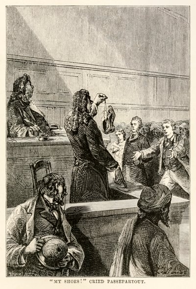 ¡Mis zapatos!, gritó Passepartout, de La vuelta al mundo en ochenta días de Julio Verne (1828-1905), grabado por Adolphe François Pannemaker (1822-1900), 1873 de Hippolyte Leon after Benett